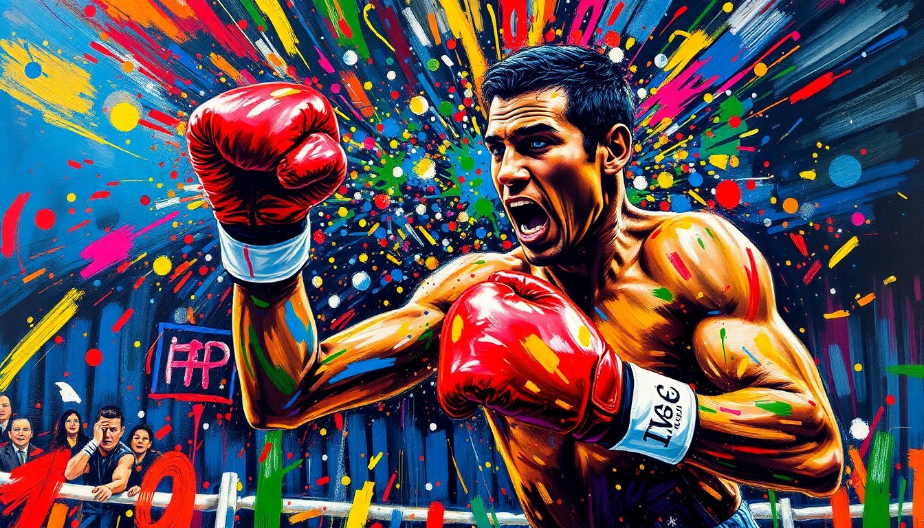 An abstract expressionist painting in vibrant neon colors, with rapid brushstrokes and splatters of paint that evoke the raw power and excitement of a boxing match, without any discernible figures or text.
