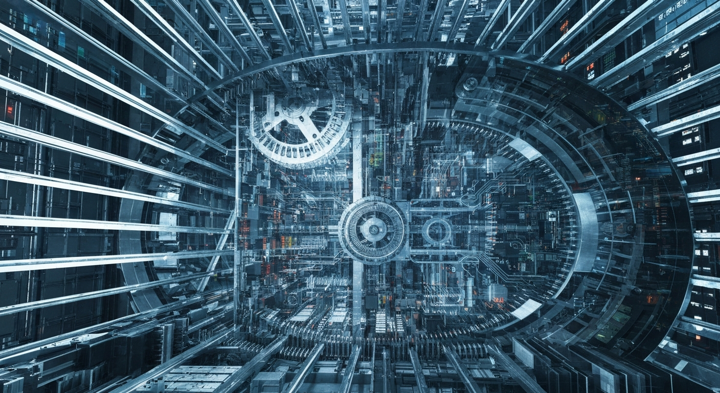 An extreme close-up of the intricate inner workings and machinery of a modern financial institution, conveying the scale, complexity and industrial might behind the digital banking and investment platforms of today.