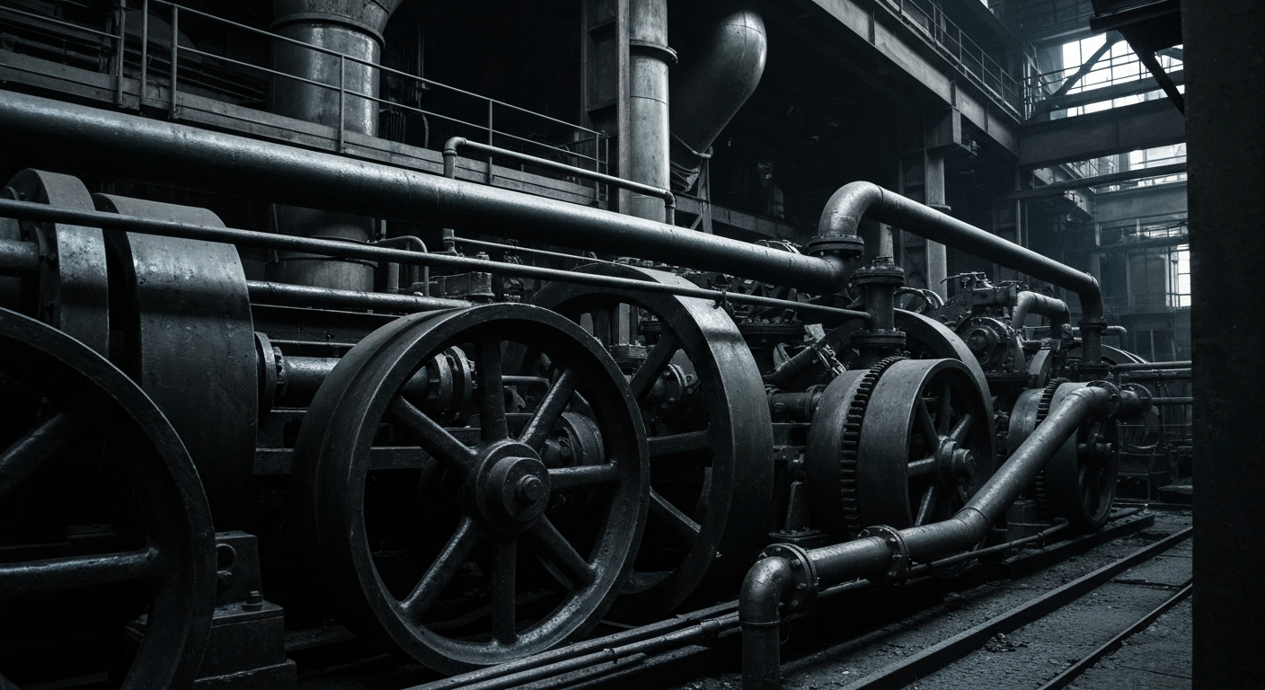 An extreme close-up of the intricate gears and mechanisms of a locomotive engine, conveying the heavy, industrial nature of the railroad business without any text or identifiable branding.