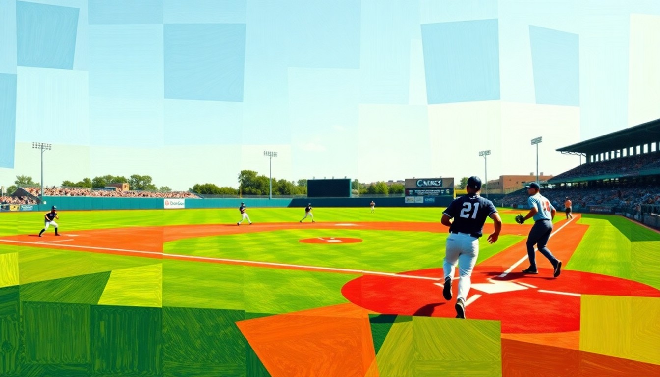 A cubist, geometric painting depicting the dynamic action of a college baseball game, with overlapping planes of green, red, and player silhouettes in motion.
