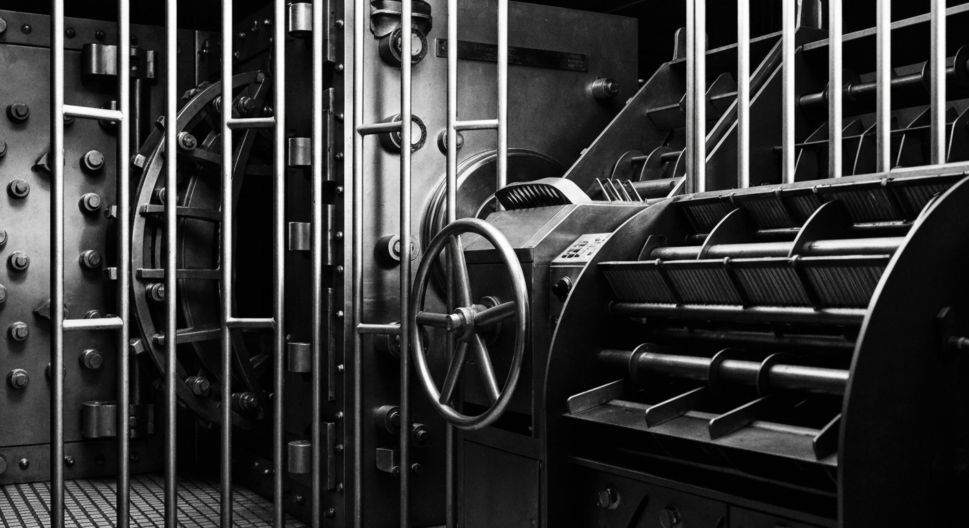 A high-contrast, cinematic close-up of heavy banking machinery and infrastructure, such as vault doors or currency counting machines, conveying a sense of financial security and institutional power.