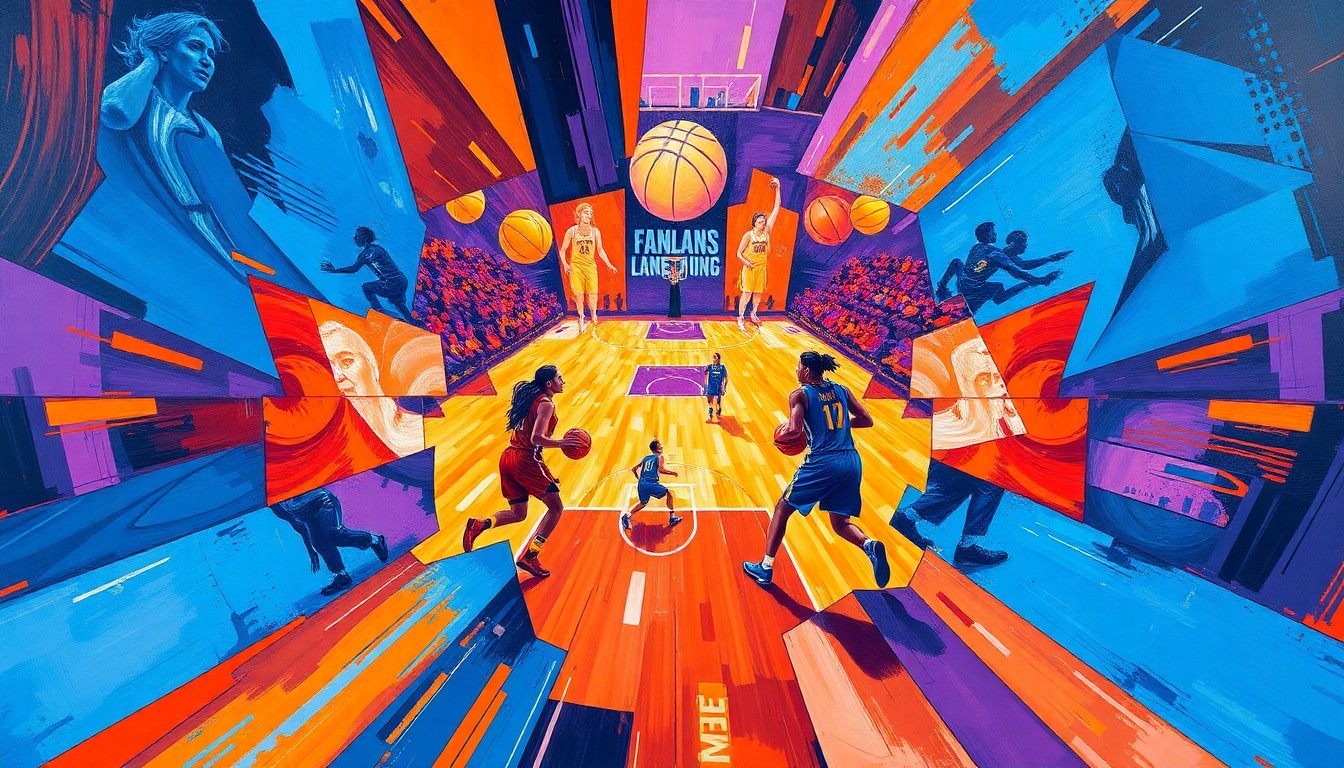 A cubist, geometric painting depicting the motion and energy of a women's basketball game, with sharp, overlapping shapes in a vibrant color palette.