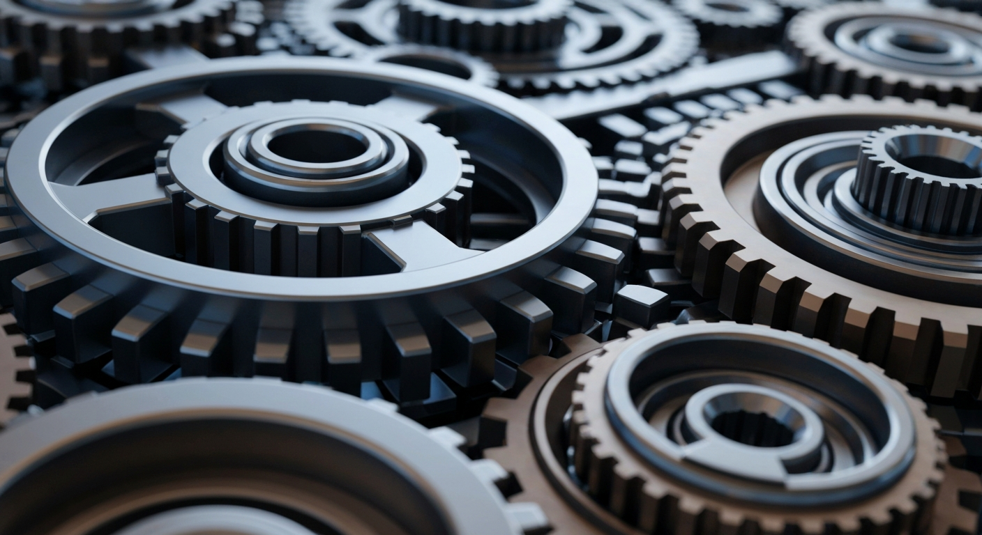 An extreme close-up of complex, interlocking metal gears and machinery in shades of grey, bronze, and blue, conceptually representing the institutional financial infrastructure behind the semiconductor industry.