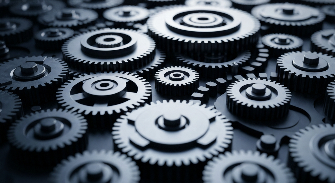 A highly detailed, cinematic close-up image of the gears, circuits, and mechanisms that comprise a financial trading platform, conveying the intricate, powerful technology that underpins institutional investing and global market movements.