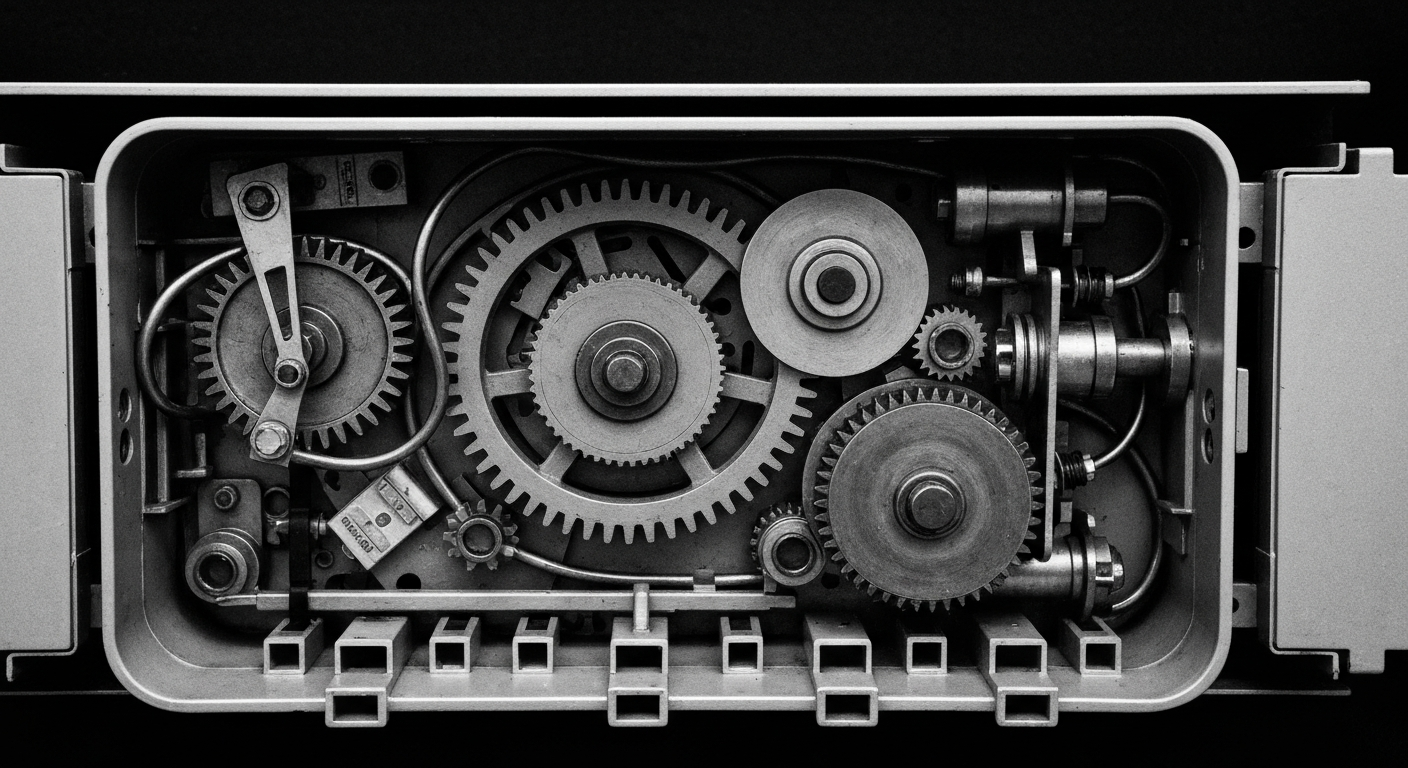 A high-contrast black and white close-up image of the intricate mechanical components and circuitry inside a Comcast cable box, conveying the industrial power and technical sophistication of the company's infrastructure.