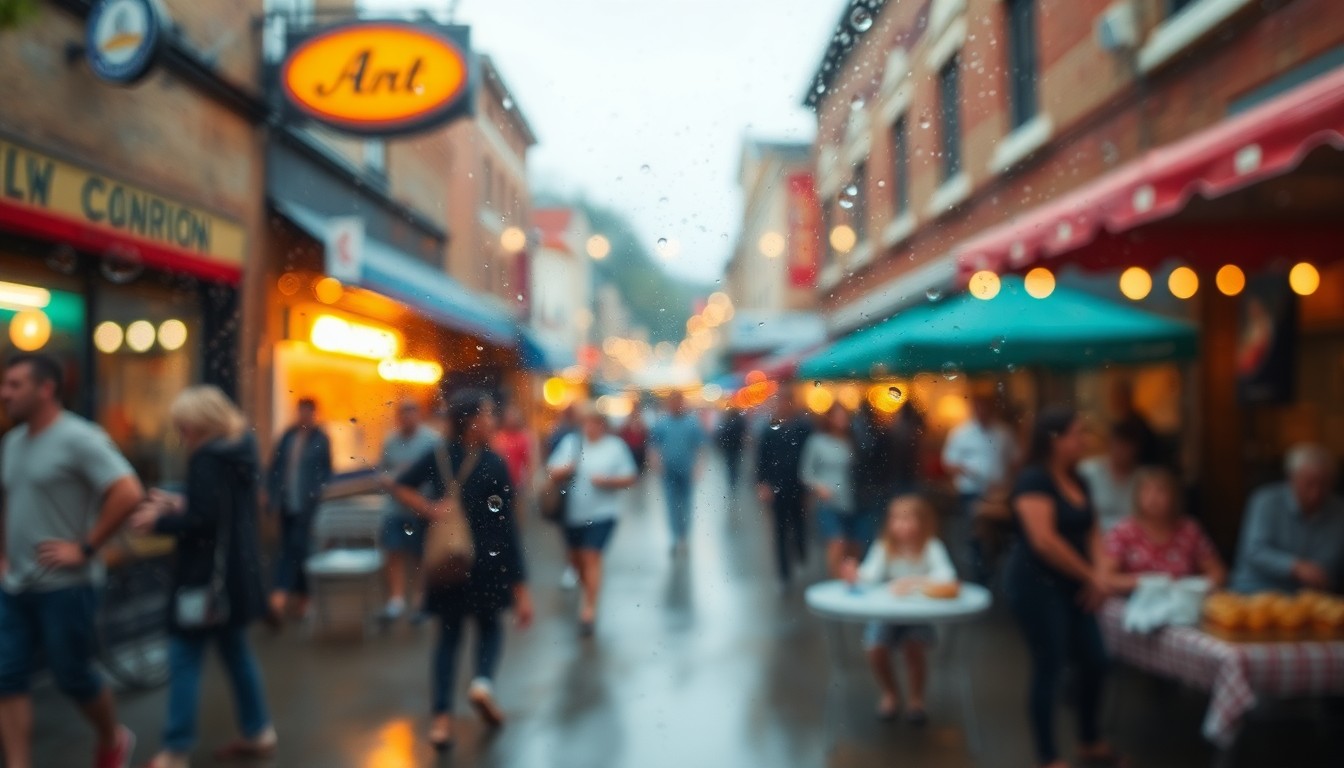 An extremely blurred and abstracted scene of people enjoying a lively outdoor event in Danbury, with soft pools of warm color and light creating an atmospheric, dreamlike quality.