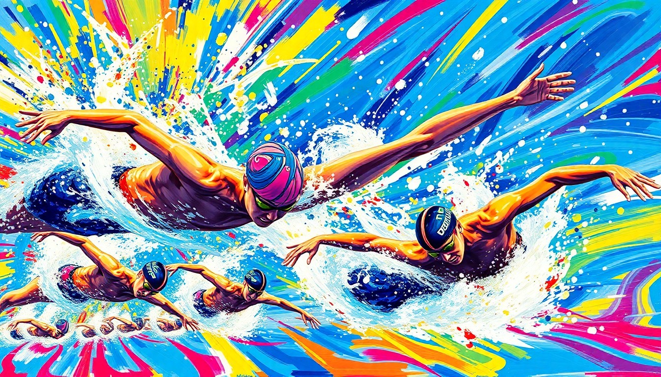 An abstract, energetic painting featuring overlapping brushstrokes of neon blue, green, and pink, conveying the dynamic motion and power of competitive swimming and diving.
