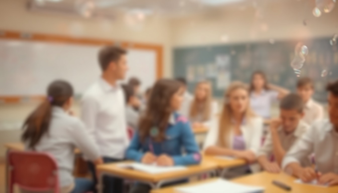 An abstract, impressionistic scene of a classroom, with blurred figures of students and teachers visible through a hazy, rain-streaked lens, conveying a sense of concern and uncertainty about the impact of staffing cuts on the educational environment.