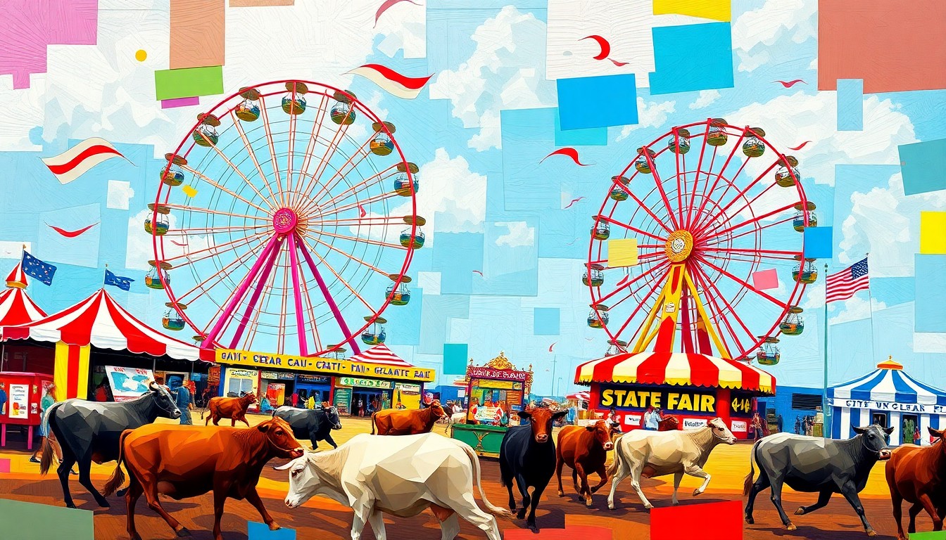 A dynamic, fragmented painting depicting the motion and energy of a state fair, with a Ferris wheel, livestock, and other attractions rendered in bold, clashing colors that convey the spectacle and controversy of the planned event on the National Mall.