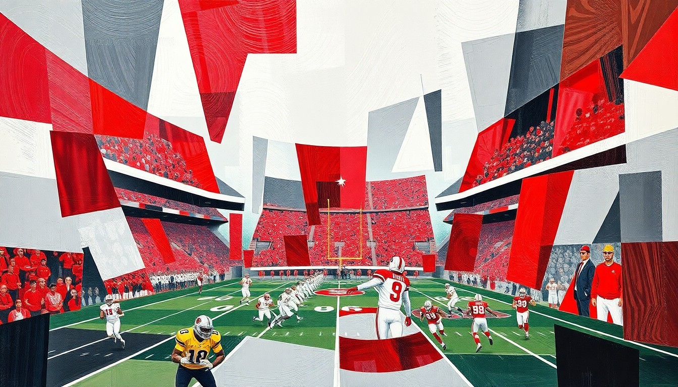 A cubist, geometric painting featuring overlapping planes of scarlet, gray, and white, conceptually representing the energy and action of an Ohio State football game.