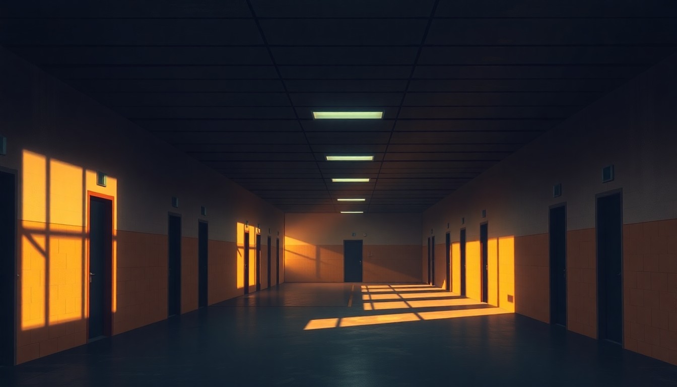 A serene, photorealistic painting of an empty, sun-drenched immigration detention facility, with a sense of melancholy and isolation conveyed through the use of light and shadow.