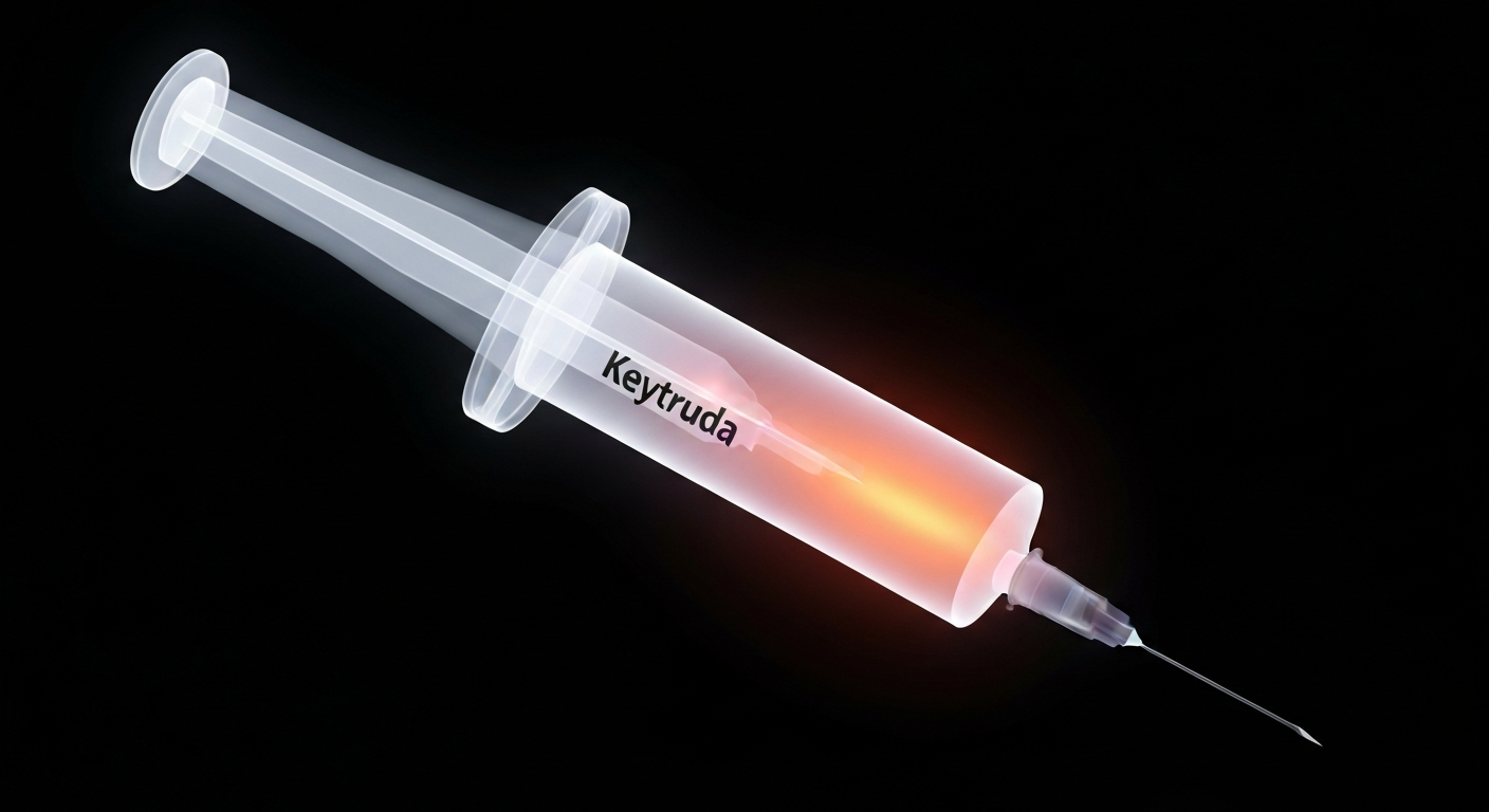 A ghostly, translucent X-ray photograph of a syringe filled with a glowing, neon-like liquid, conceptually illustrating the high-priced cancer drug Keytruda and the complex factors driving up its cost for patients.