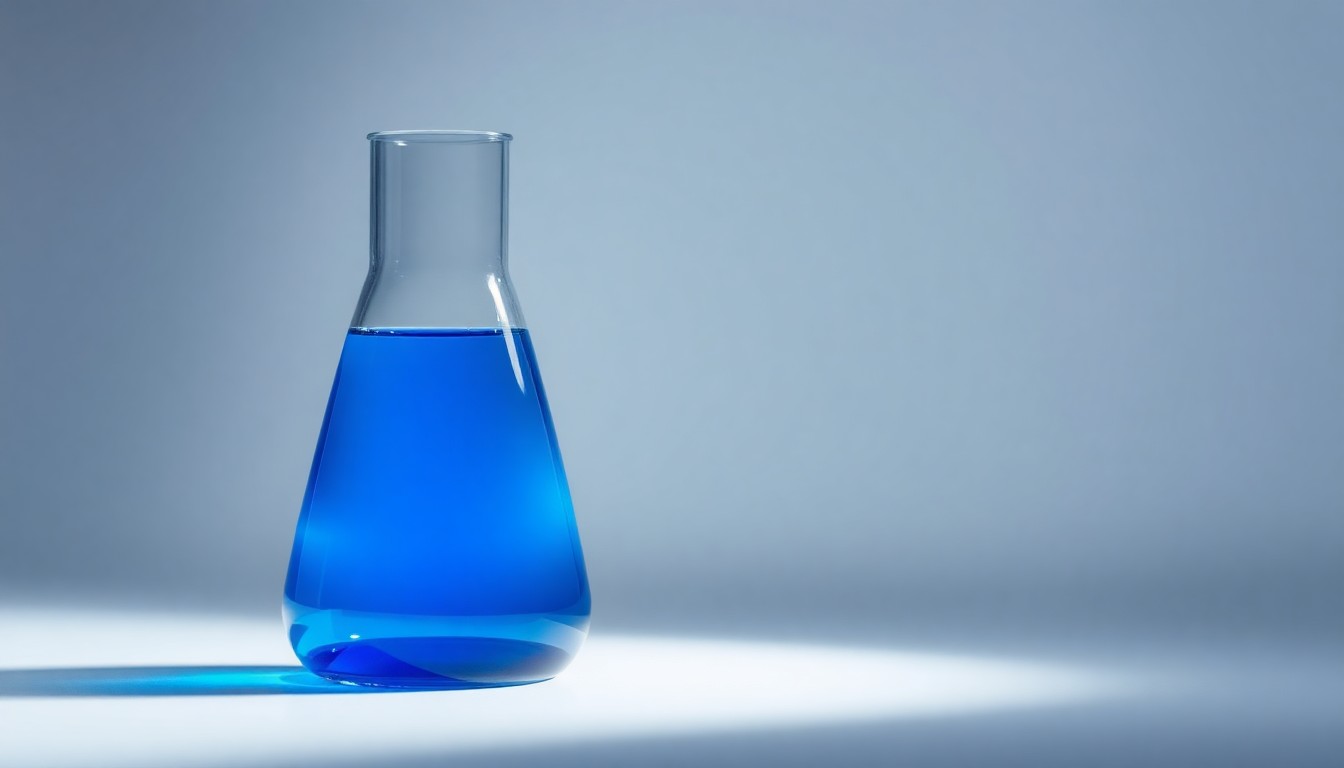 A photorealistic studio still-life image of a sleek, modern glass beaker filled with a vibrant blue liquid, symbolizing the innovative biotechnology work at OS Therapies. The beaker is placed on a clean, monochromatic background, using dramatic lighting and shadows to convey the precision and focus of the company's scientific endeavors.