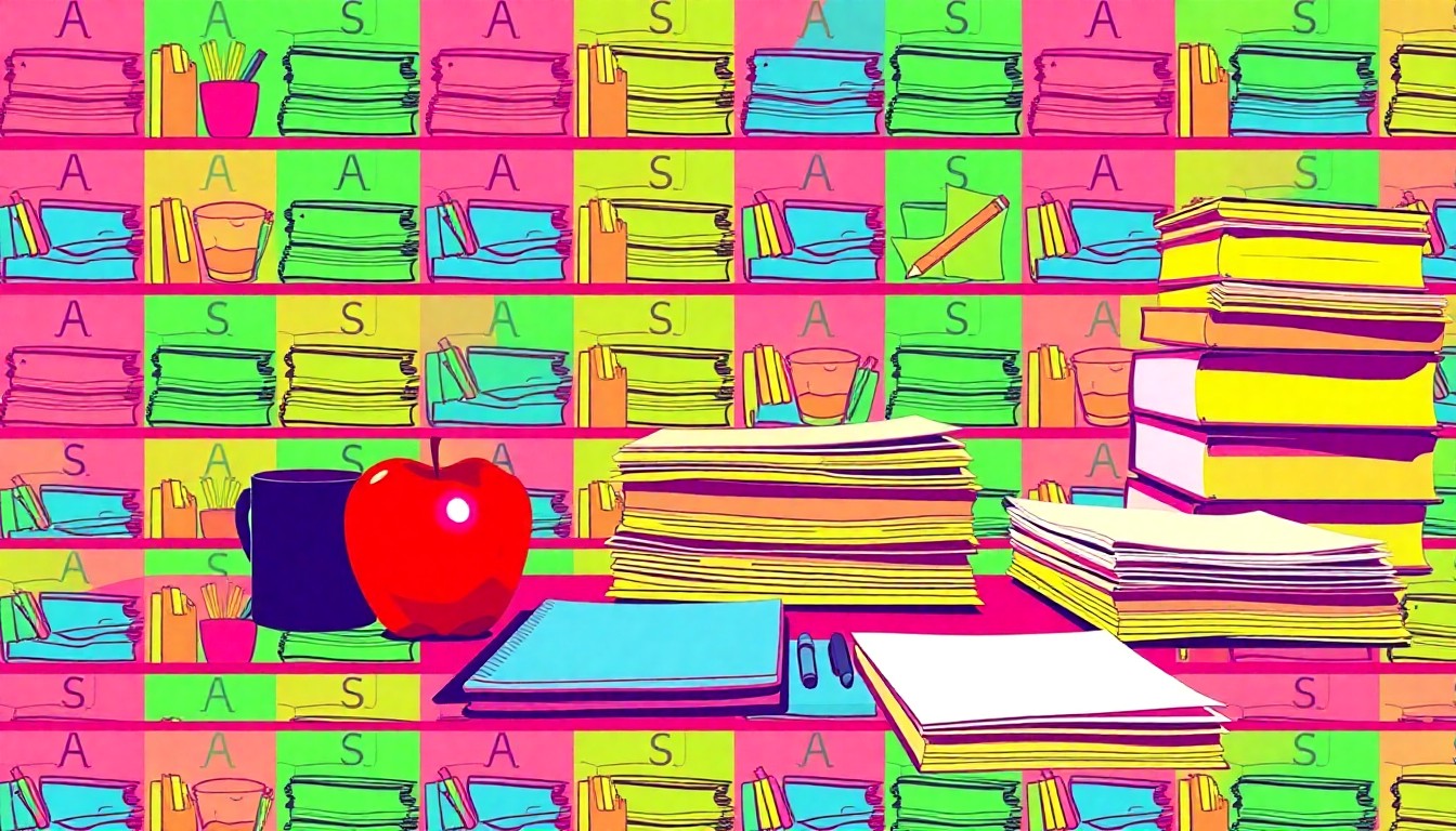 A vibrant, high-contrast silkscreen print featuring a repeating grid of a teacher's desk with an apple, coffee mug, and stack of papers, conceptually representing the ongoing struggle for fair compensation in the education sector.