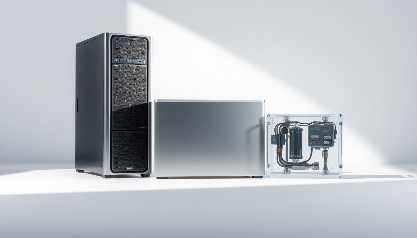 A photorealistic studio still life featuring a polished metal data server tower, a sleek battery pack, and a transparent fuel cell module, conceptually representing the role of emerging energy technologies in the future of the insurance industry.