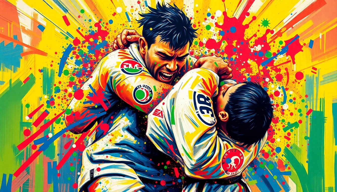 An abstract, energetic painting in neon colors depicts the dynamic movements and grappling techniques of a Jiu-Jitsu competition, with figures and details dissolving into vibrant brushstrokes.
