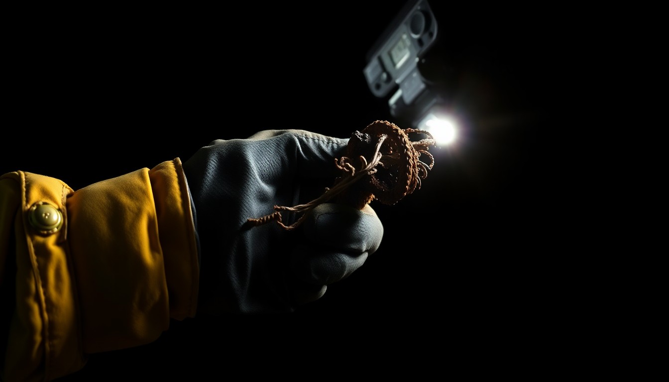 An extreme close-up of a charred, twisted piece of metal from the church fire, lit by a harsh, direct camera flash against a pitch-black background, conceptually representing the gritty investigation into the tragic incident.