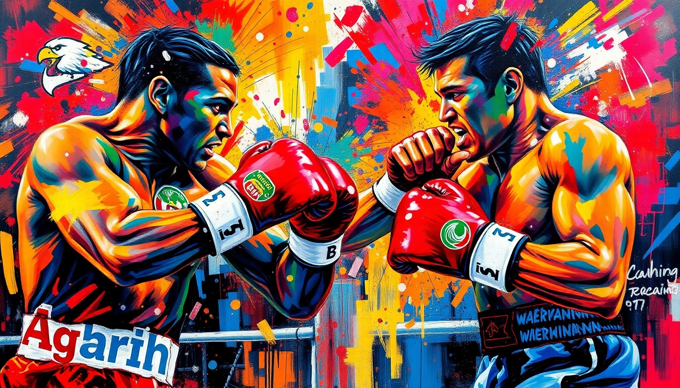 An abstract, expressionist painting in vibrant neon colors, capturing the dynamic movements and raw energy of a boxing match, with the faces and logos of the fighters and teams dissolving into unrecognizable splatters of paint.