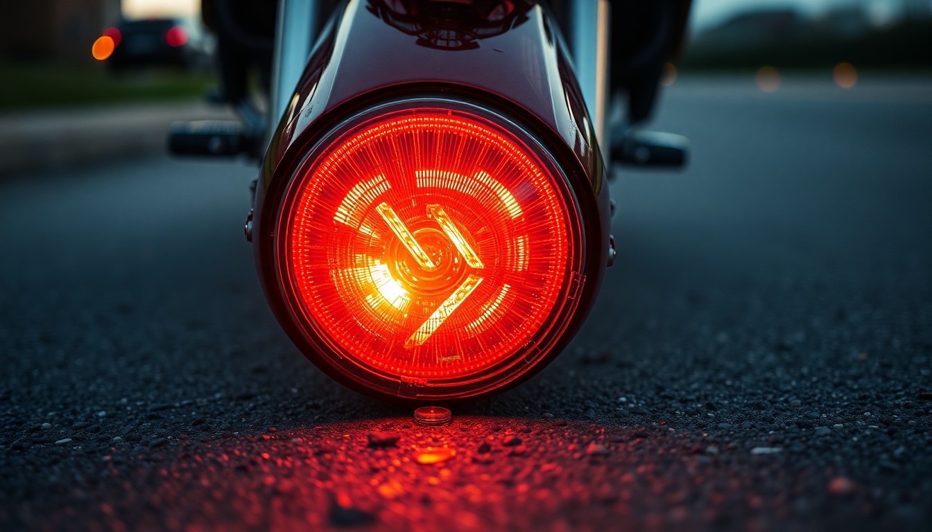 An extreme close-up photograph of a motorcycle turn signal lens shattered on the pavement, reflecting a harsh flash of light, conceptually illustrating the devastating impact of an intersection collision.