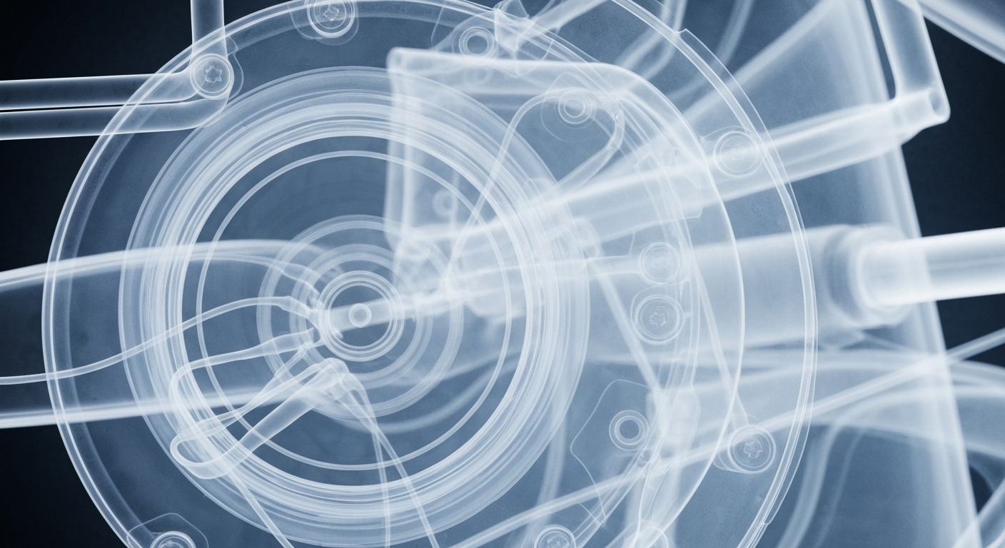 An extreme close-up X-ray photograph of the intricate inner structures of a medical device, rendered in a ghostly, translucent style that reveals the complex engineering required to design products with patient needs in mind.