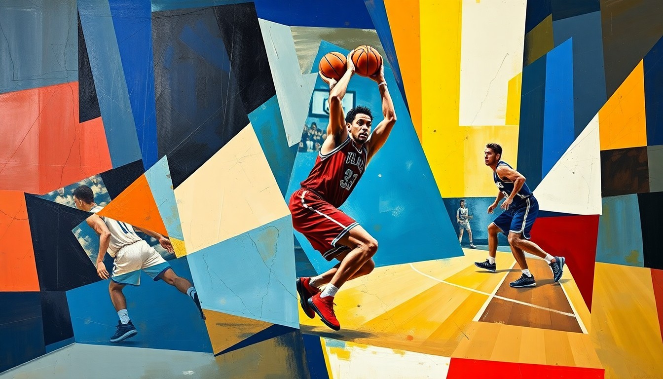 A cubist, geometric painting depicting a basketball player in motion, with sharp, overlapping planes representing their defensive intensity and hustle plays on the court.