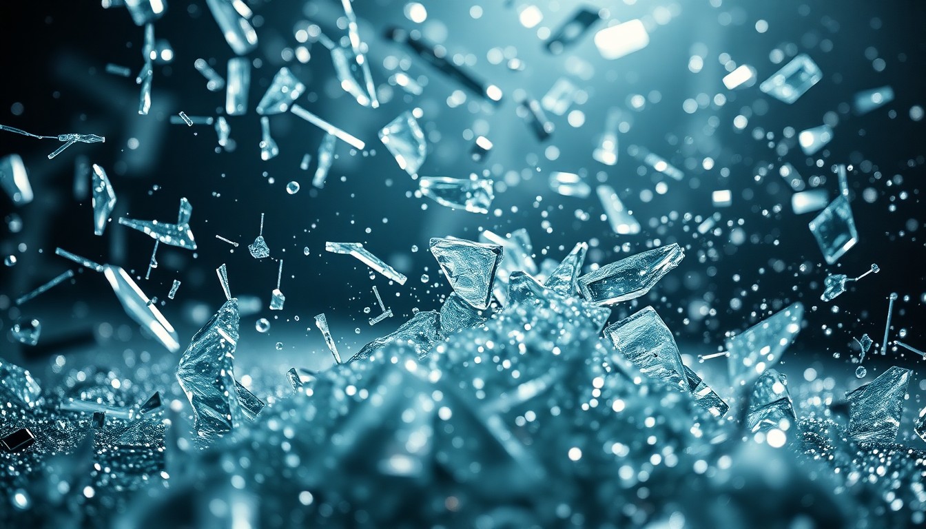 An extreme close-up of shattered glass and glittering sequins, captured in dramatic, high-contrast studio lighting to create a conceptual representation of the emotional and visual spectacle of the new Spider-Man film.