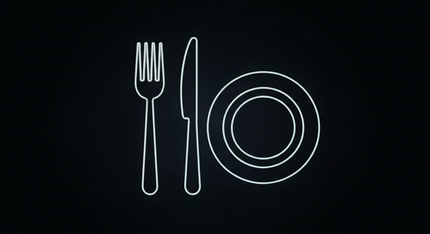 A minimalist design in vibrant neon lines depicting the basic shapes of dining utensils and a plate, conveying the concept of restaurant health and hygiene standards without any text or identifiable objects.