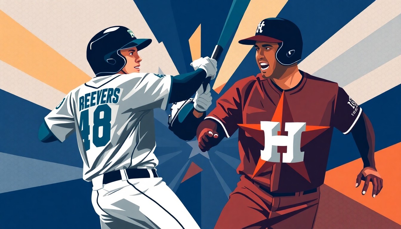 A cubist, geometric painting featuring overlapping planes of bright colors and sharp angles, representing the dynamic action and competition of a baseball series between the Seattle Mariners and Houston Astros.