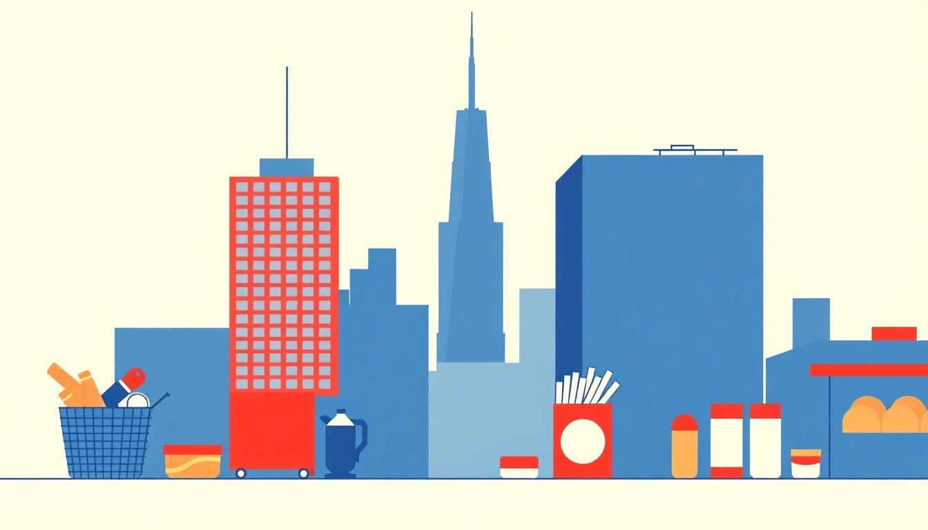 A vibrant abstract illustration composed of overlapping triangles and rectangles in shades of red, blue, and yellow, conceptually representing the financial strain of rising prices on New Yorkers.