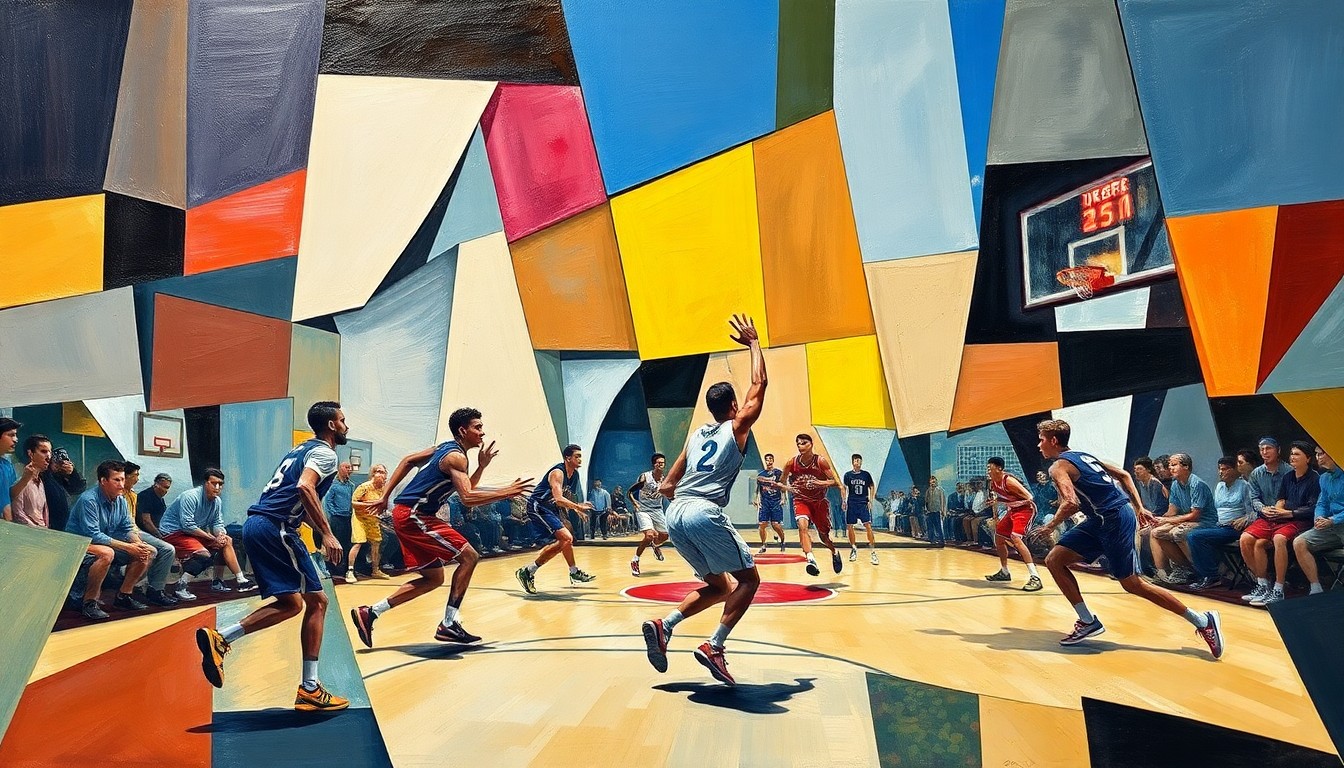 A fragmented, geometric painting in the style of Pablo Picasso, capturing the motion and intensity of a high school basketball game through overlapping planes of color and shape.