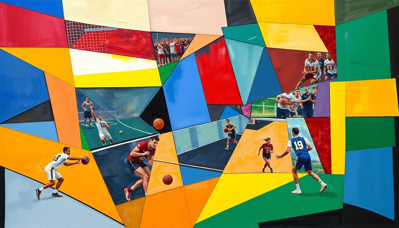 A cubist, geometric painting featuring overlapping planes of color representing various high school sports, capturing the energy and competition of the local athletic community.