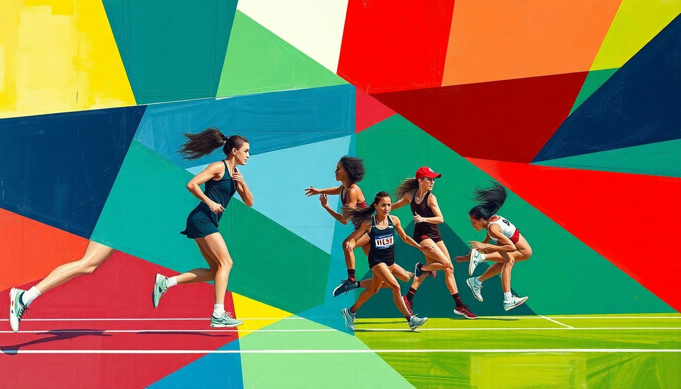 A cubist, multi-angled painting depicting the dynamic motion and competition of a girls track and field event, with sharp planes of color representing the athletes and their movements.