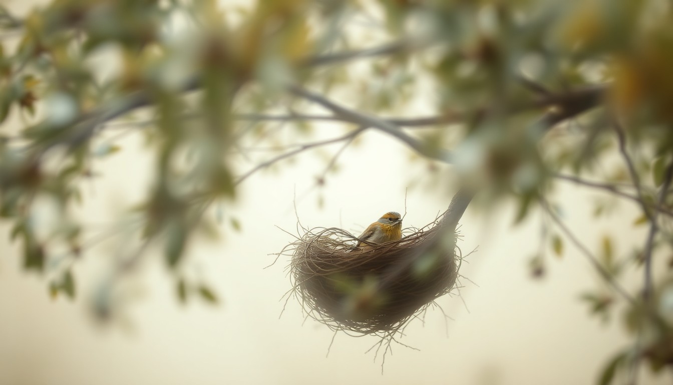 An impressionistic, out-of-focus image of a bird's nest nestled in the branches of a tree, with the surrounding foliage and environment blurred into soft, warm pools of color, conceptually representing the delicate balance of nature and the legal restrictions on disturbing migratory bird habitats.