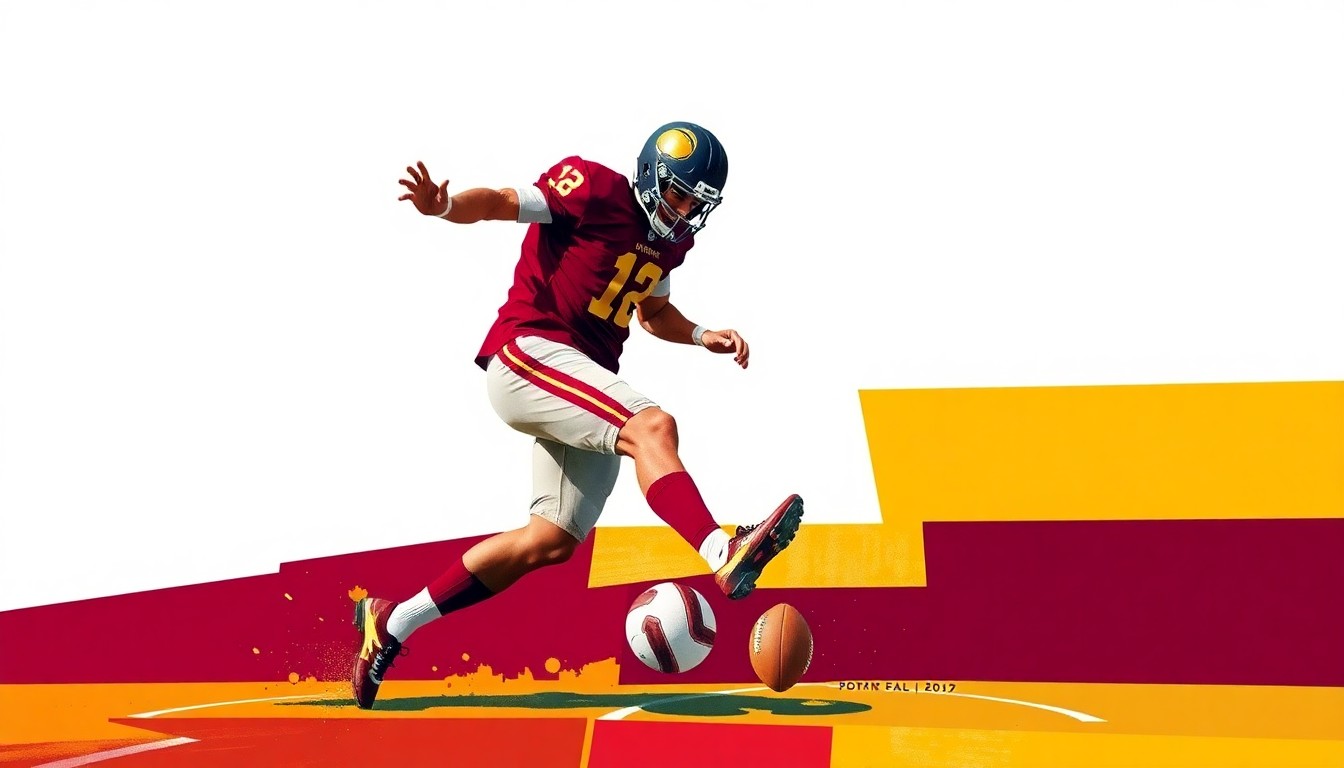 A fragmented, geometric painting in bold burgundy, gold, and white hues depicting the dynamic motion of a football player kicking a ball, conveying the intensity of NFL special teams play.