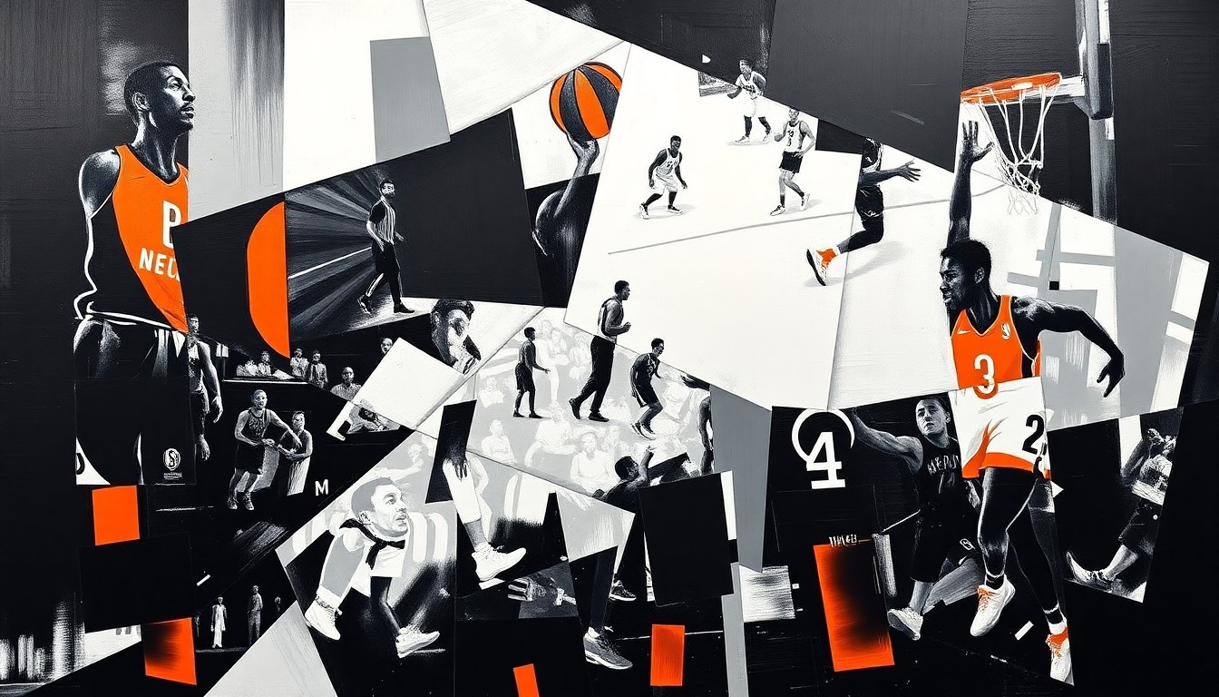 A fragmented, cubist-style painting depicting a basketball game, with sharp geometric shapes and planes in the Nets' official colors of black, white, and gray, conceptually representing the team's strategic rebuild.