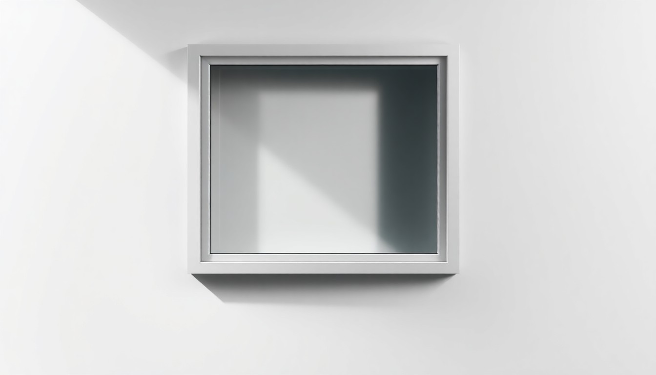 A high-end, photorealistic studio still-life photograph featuring a sleek, modern aluminum window frame with a clean, minimalist design, resting on a monochromatic seamless background. The window frame is made from polished raw materials and clean geometric shapes, using sharp, dramatic studio lighting and deep shadows to represent the premium quality and advanced engineering of DERCHI's fenestration products.