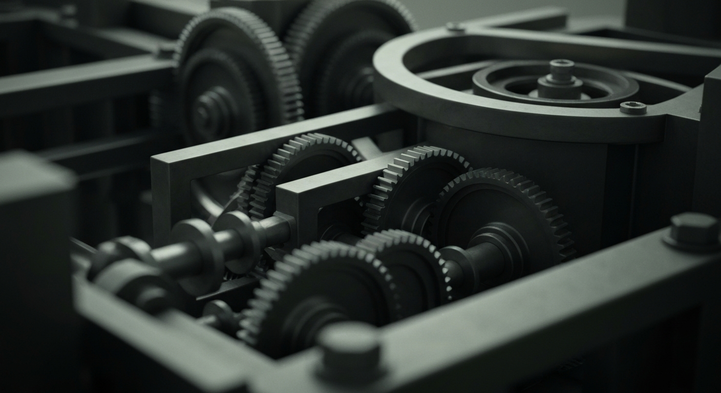 A highly detailed, black-and-white close-up image of the gears, belts, and other industrial machinery inside a commercial bakery, conceptually representing the complex financial infrastructure and operations of a major food production company.