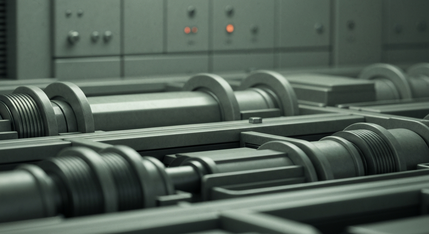 An extreme close-up of intricate, heavy industrial banking equipment and machinery in muted tones, conceptually representing the complex financial systems and institutional forces behind biotech investments.