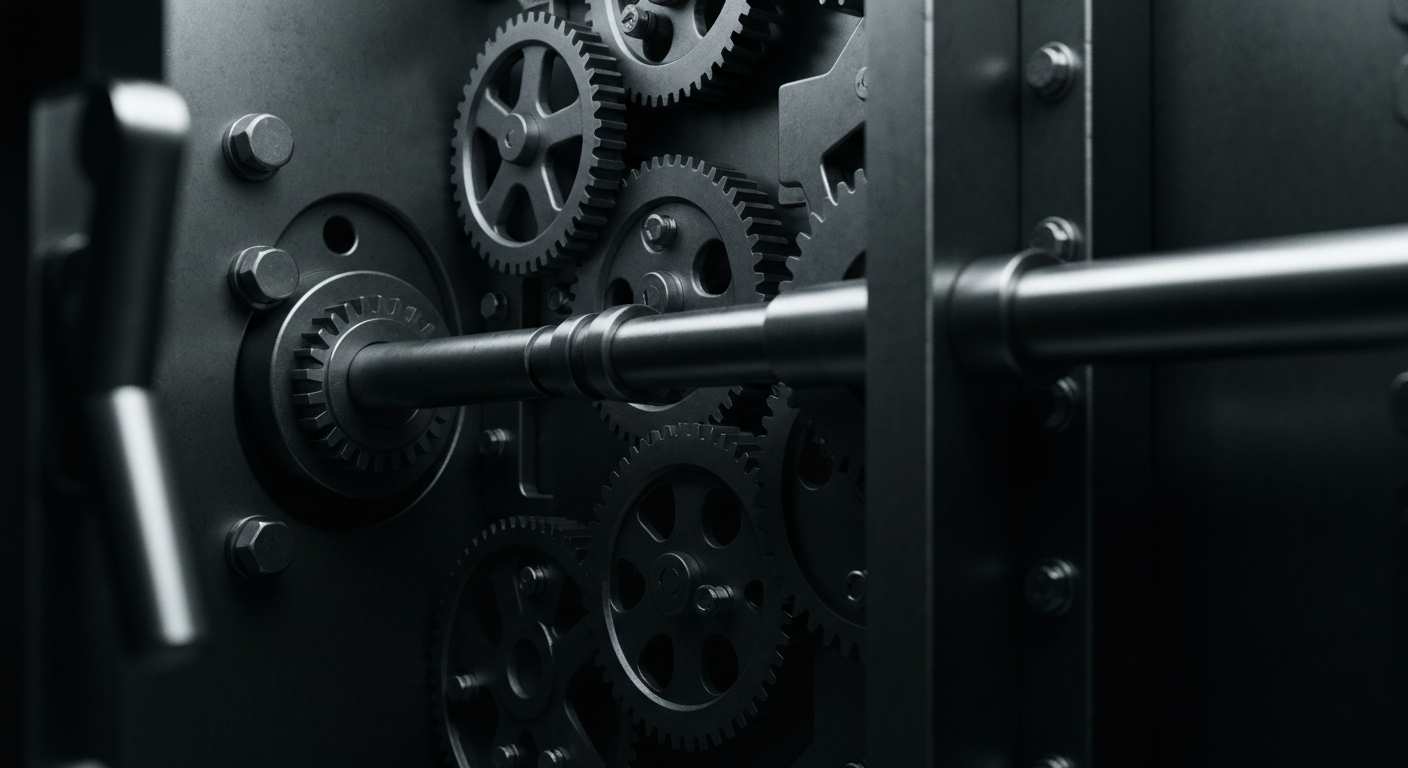 A high-contrast, close-up image of the intricate mechanical components of a bank vault, representing the industrial power and security of financial institutions.