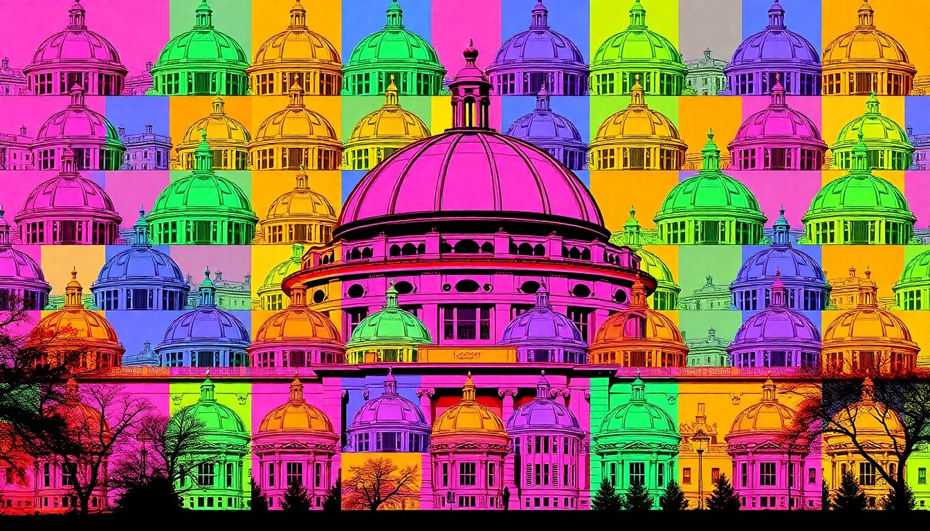 A high-contrast, silkscreen-style illustration featuring a repeated image of a distinctive Syracuse landmark, such as the JMA Wireless Dome or a historic building, rendered in a bold, neon color palette that transforms the everyday into striking modern art.