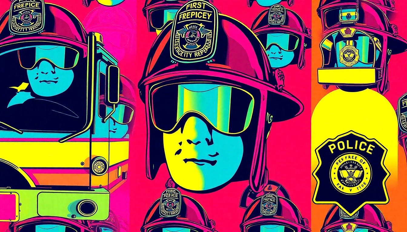 A brightly colored, high-contrast silkscreen print featuring repeating icons of a firefighter's helmet, fire truck, and police badge in a grid pattern, capturing the celebratory spirit of a community awards ceremony for first responders.
