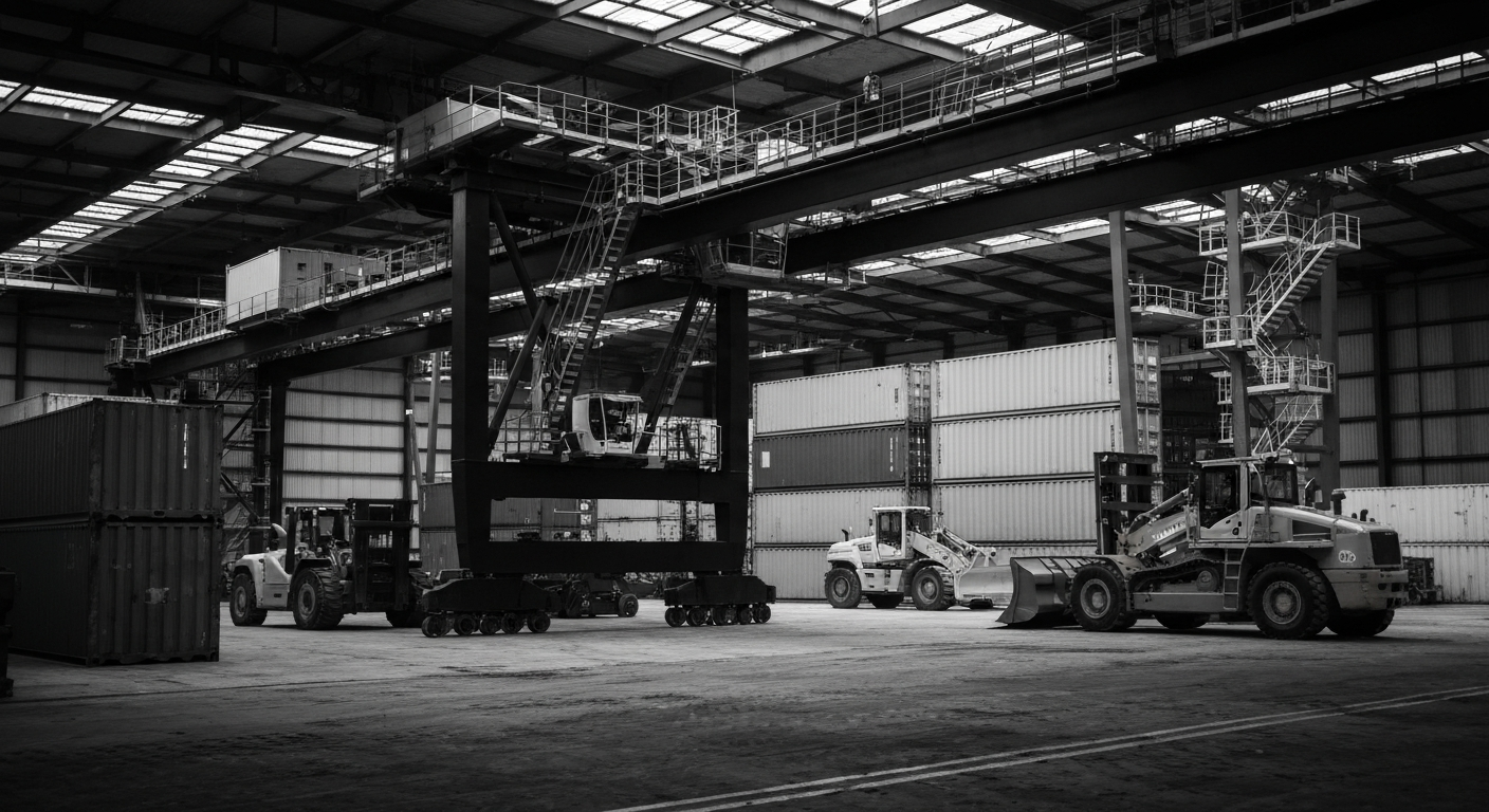An extreme close-up of rugged, industrial shipping equipment and machinery, conveying the tangible, physical nature of the maritime transportation industry.