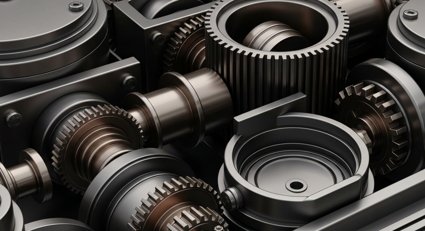 An extreme close-up of intricate, heavy industrial banking machinery and gears in shades of steel grey, bronze, and black, conceptually representing the secure, institutional nature of financial markets and wealth storage.