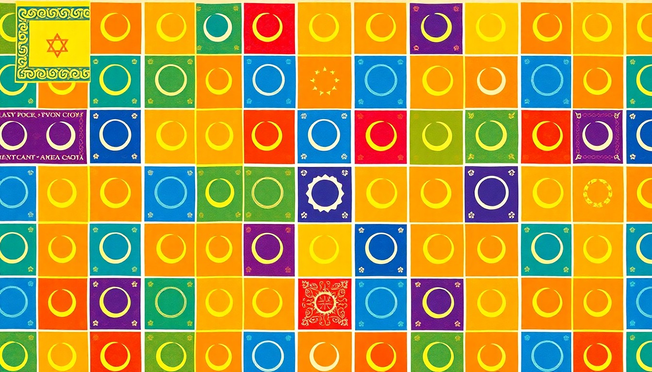 A bold, stylized grid of iconic religious symbols - a prayer rug, a yarmulke, and a crescent moon - rendered in a high-contrast silkscreen print technique, conceptually representing the shared experiences and intertwined histories of Jewish and Muslim Americans.