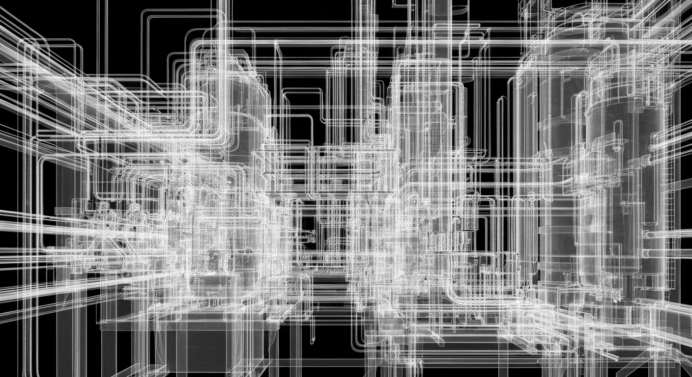 A ghostly, translucent X-ray image revealing the intricate internal structure of a pharmaceutical manufacturing facility, with glowing lines and shapes against a dark background, conceptually representing the advanced technology and innovation driving the UK's life sciences sector.