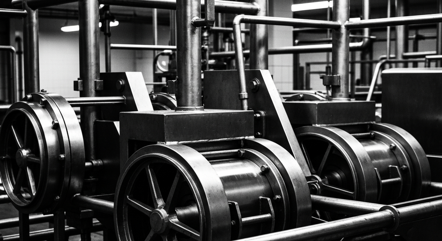 A high-contrast, cinematic close-up of heavy, polished industrial machinery and equipment used in modern meat processing facilities, representing the scale and technological sophistication of the global meat industry.