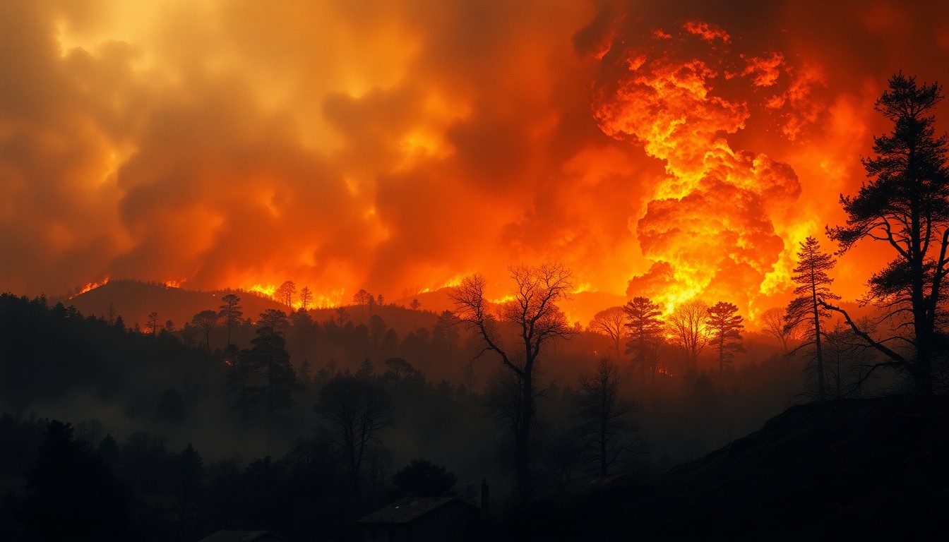 A vast, majestic landscape painting in muted earth tones, with a raging brush fire consuming a rural neighborhood in the distance, the overwhelming power of nature dwarfing any physical structures caught in the blaze.