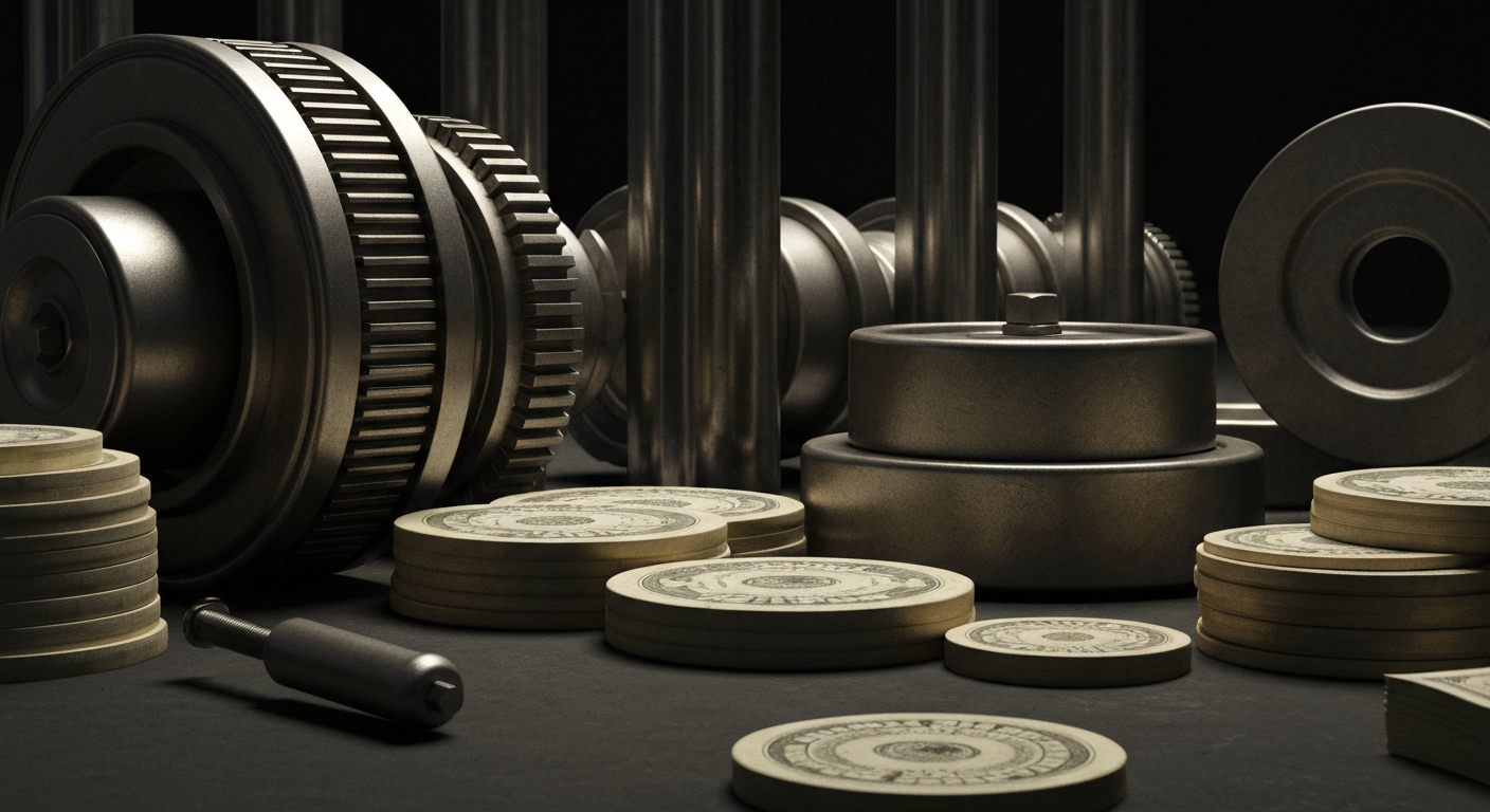 A highly detailed, black-and-white macro photograph of the inner workings of a large, industrial banking machine, conveying a sense of the heavy, physical nature of financial systems.