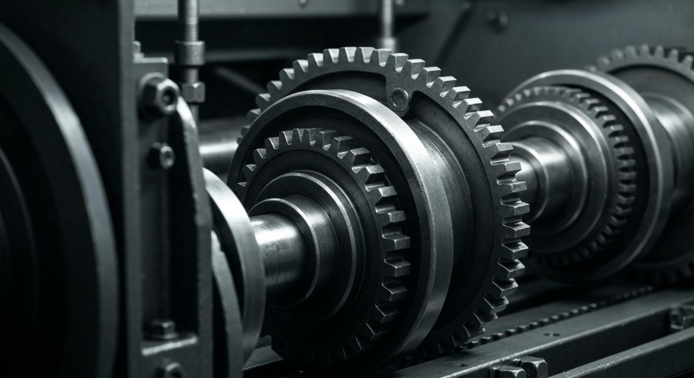 An extreme close-up of the complex, interlocking components of an industrial furniture manufacturing machine, conveying the physical, mechanical nature of La-Z-Boy's production processes.