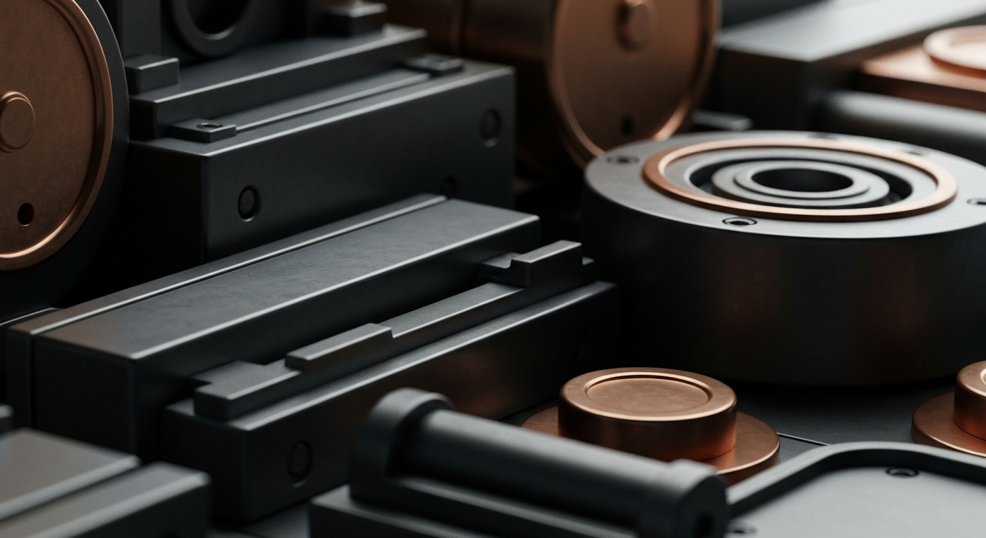 An extreme close-up of interlocking gears, levers, and metal components of an industrial banking machine, conveying a sense of the secure, powerful infrastructure underlying the financial system.